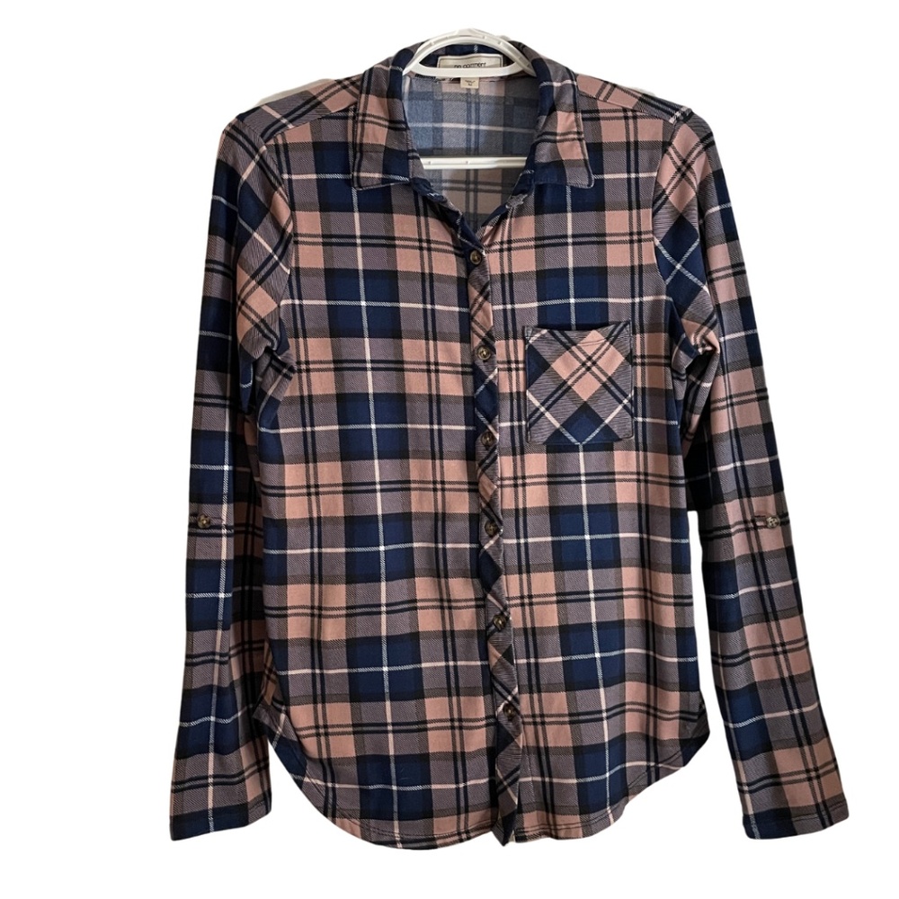 Plaid Flannel Button Down Shirt Women's Size M Navy/Pink